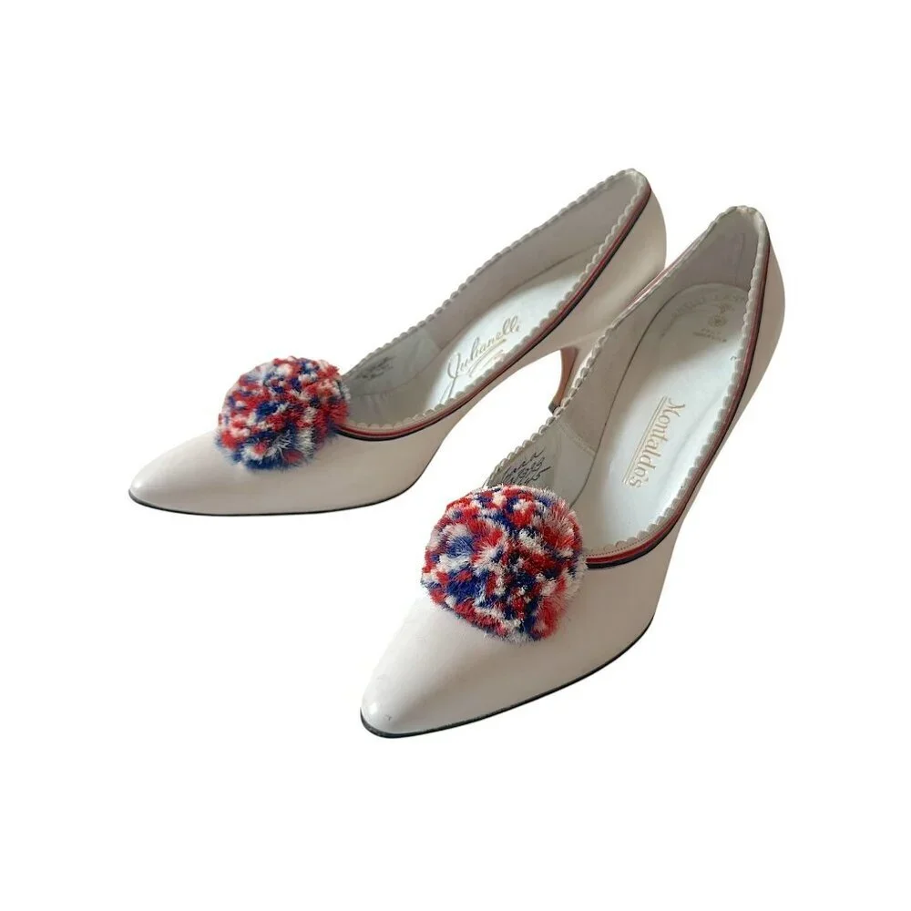 Vintage 50s/60s Julianelli's for Montaldo's  White Leather Pom Pom Heels 8AAA